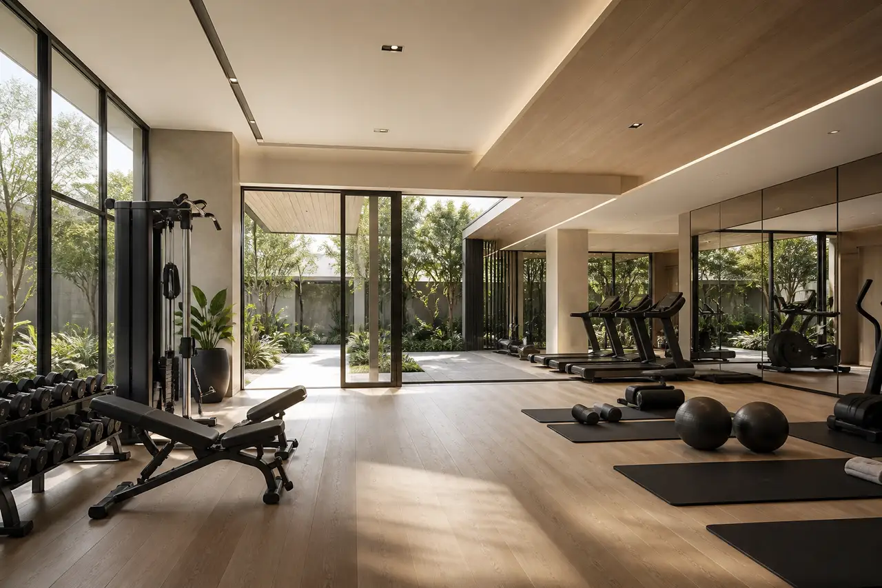 Conceptual fitness studio opening to a planted courtyard