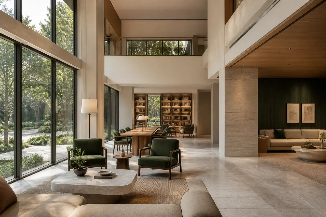 Conceptual residents lounge with reading and shared-work areas