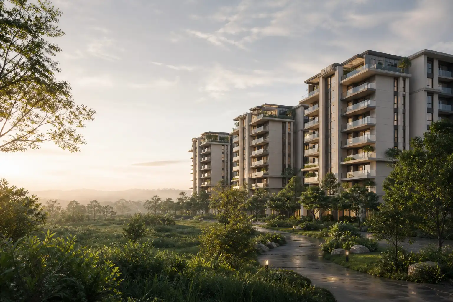 Conceptual contemporary apartment community in a green East Bengaluru setting