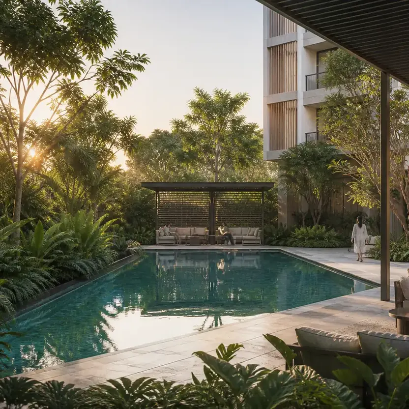 Prestige Sonnenahalli, artistic impression A swimming pool in a garden beside a covered terrace
