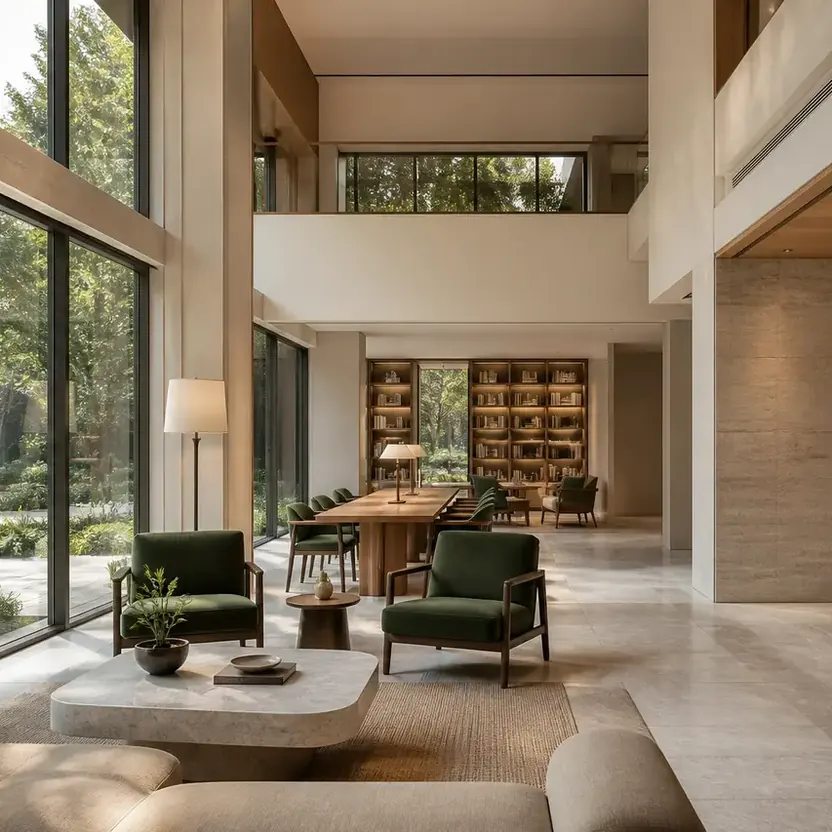 Prestige Sonnenahalli, artistic impression A double-height residents’ lounge looking onto a garden