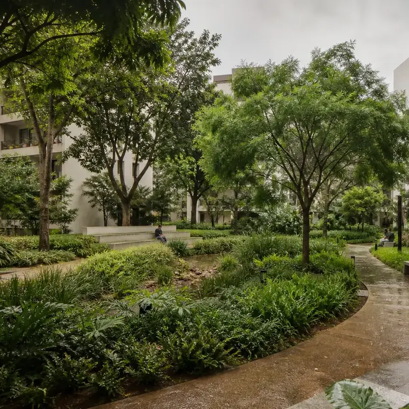Prestige Sonnenahalli, artistic impression A landscape courtyard with trees and a winding path