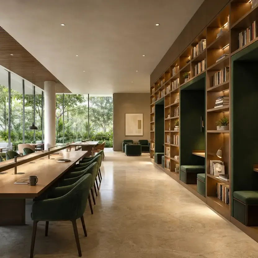 Prestige Sonnenahalli, artistic impression A reading and co-working library with a long table and book walls