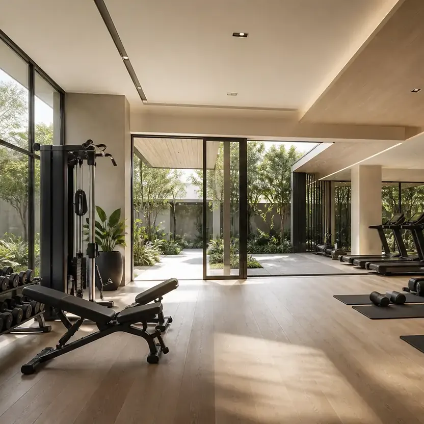 Prestige Sonnenahalli, artistic impression A fitness studio opening onto a courtyard