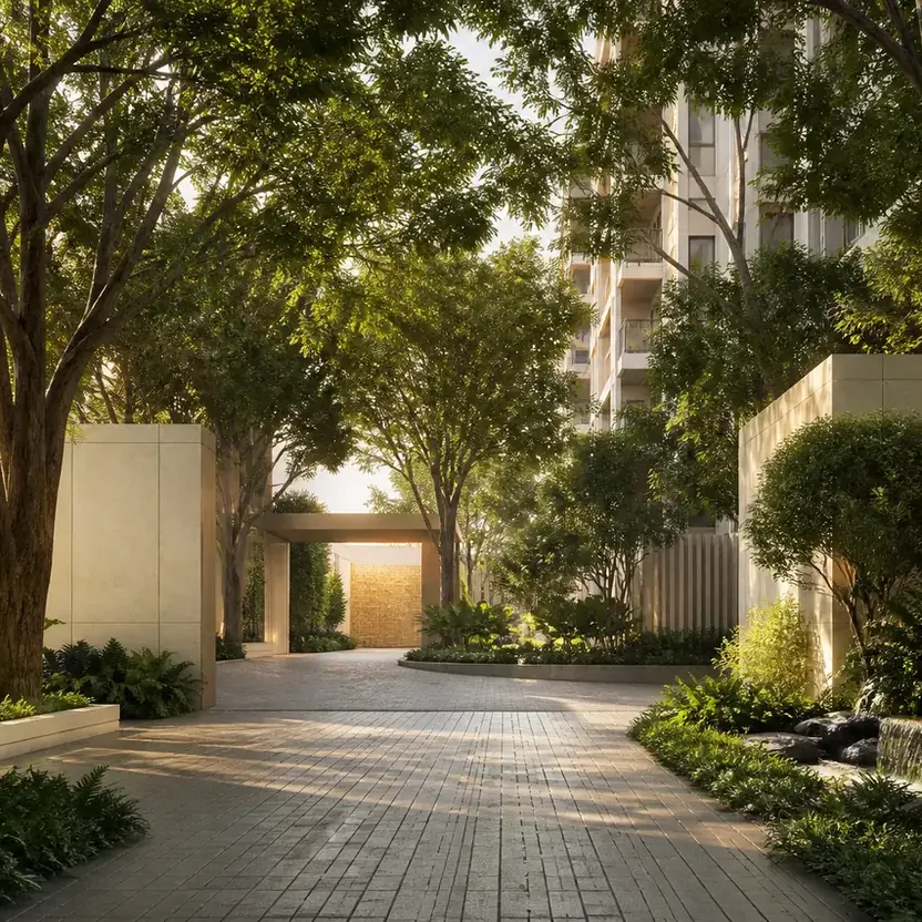 Prestige Sonnenahalli, artistic impression A paved arrival court under the trees